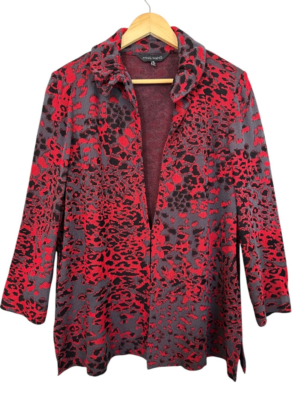 Ming Wang Knit Jacket XL Red Black Gray Abstract Animal Print Ruffle Collar